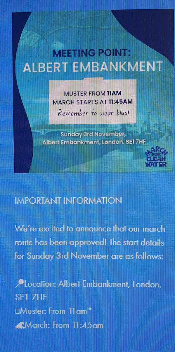 9 sleeps to go until the <a href="/MarchforWater/">March for Clean Water</a> on sunday the 3rd of Nov. We'll be there along with other representatives of the Hogsmill River.
DM me 2Join Us
📍Location: Albert Embankment, London, SE1 7HF
🪧Muster: From 11am
🌊March: From 11:45am
See you there &amp; remember to #WearBlue!
