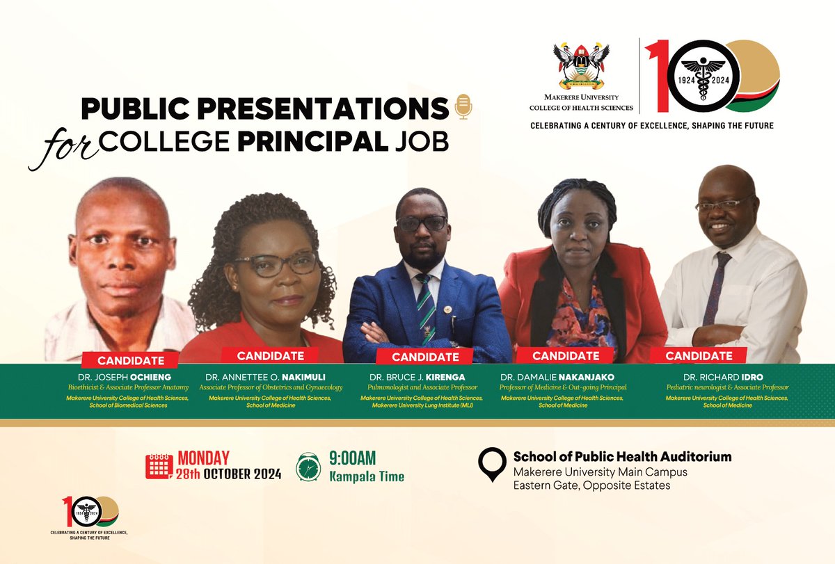 Makerere University News (@makererenews) on Twitter photo The Search Committee invites members of the public for presentations by candidates vying for the position of Principal, <a href="/MakerereCHS/">Makerere University College of Health Sciences</a> which will take place on Monday, 28th October 2024 at 9:00AM in the School of Public Health Auditorium.
<a href="/MakerereCHS/">Makerere University College of Health Sciences</a> is a semi-autonomous The Search Committee invites members of the public for presentations by candidates vying for the position of Principal, <a href="/MakerereCHS/">Makerere University College of Health Sciences</a> which will take place on Monday, 28th October 2024 at 9:00AM in the School of Public Health Auditorium.
<a href="/MakerereCHS/">Makerere University College of Health Sciences</a> is a semi-autonomous