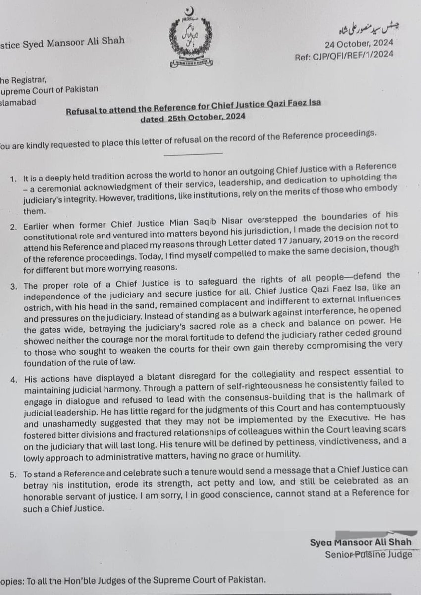 shykabdulsammad's tweet photo. “His tenure will be defined by pettiness, vindictiveness, and a lowly approach to administrative matters, having no grace or humility.”

— Justice Syed Mansoor Ali Shah on #FaezIsa 
#SupremeCourt 
#Judiciary https://t.co/eyKePw3dqt