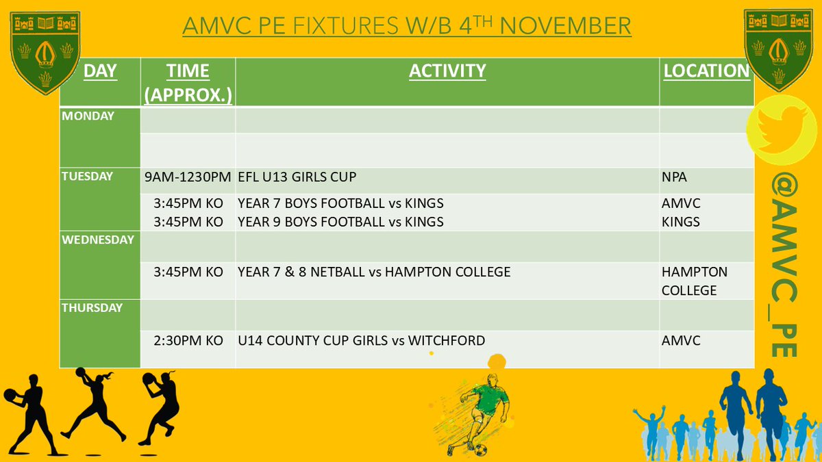 As we end a very busy first half term of the year which featured over 40 different fixtures, inter-house events and tournaments hosted, we look forward to the next half term....please sign up to the clubs sent home yesterday! #AMVCPE