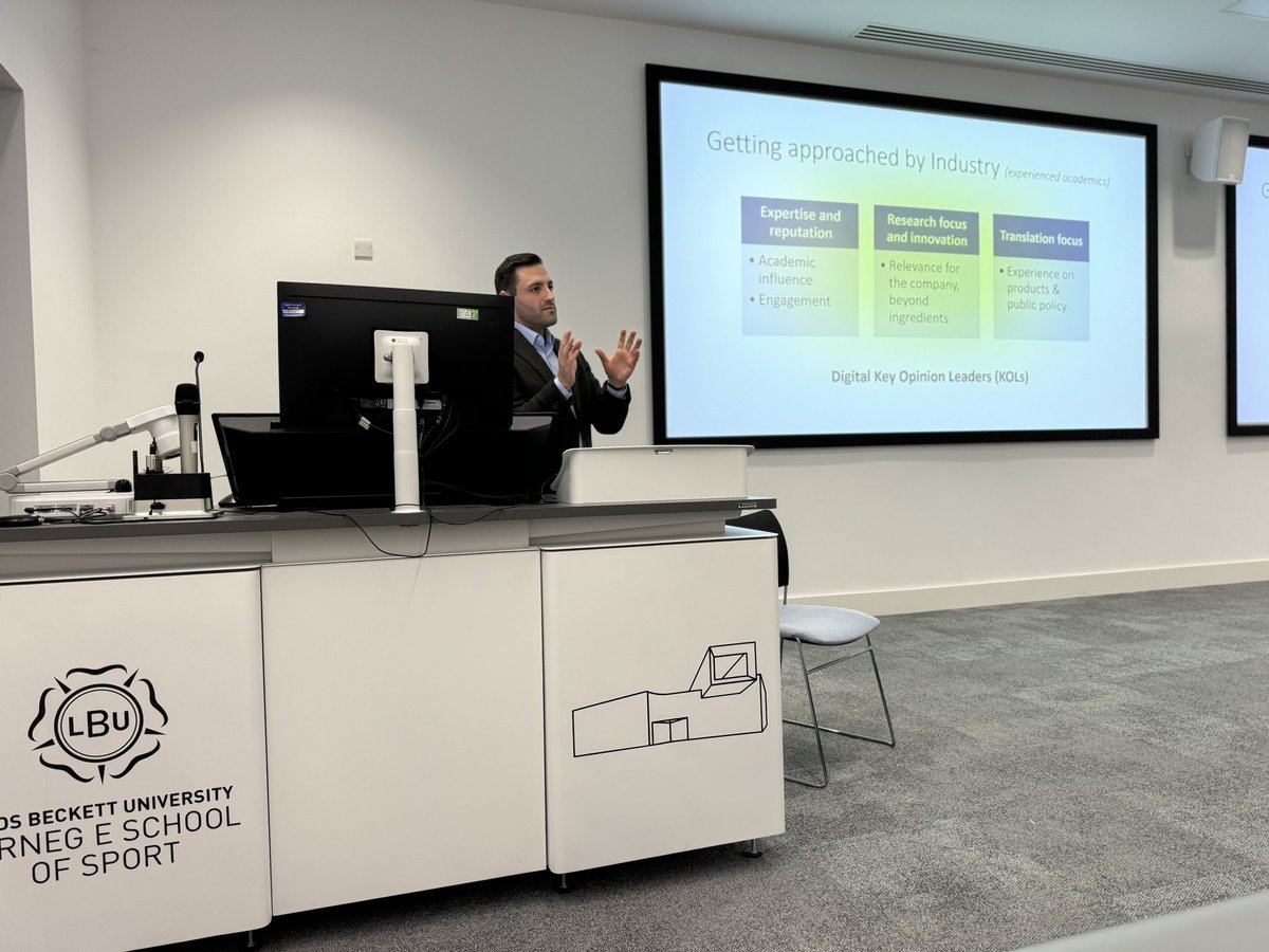Wonderful to hear from Dr Kostas Mantantzis from <a href="/Bayer/">Bayer AG</a> <a href="/BayerPharma/">Bayer | Pharmaceuticals</a> about collaborating with industry. Some great tips for young &amp; experienced academics: end-to-end involvement, tailoring to the portfolio &amp; brand identity, knowing market performance 👌 <a href="/psycenLBU/">@PsyCen</a> <a href="/Carnegie_Sport/">Carnegie School of Sport</a>
