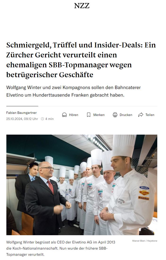 Wie die NZZ und weitere Medien vermelden, hat das Bezirksgericht Zürich den früheren SBB-Topmanager zu einer teilbedingten Freiheitsstrafe von 36 Monaten verurteilt. Schuldspruch: Qualifizierte ungetreue Geschäftsbesorgung, Veruntreuung, Betrug, Urkundenfälschung und Bestechung.