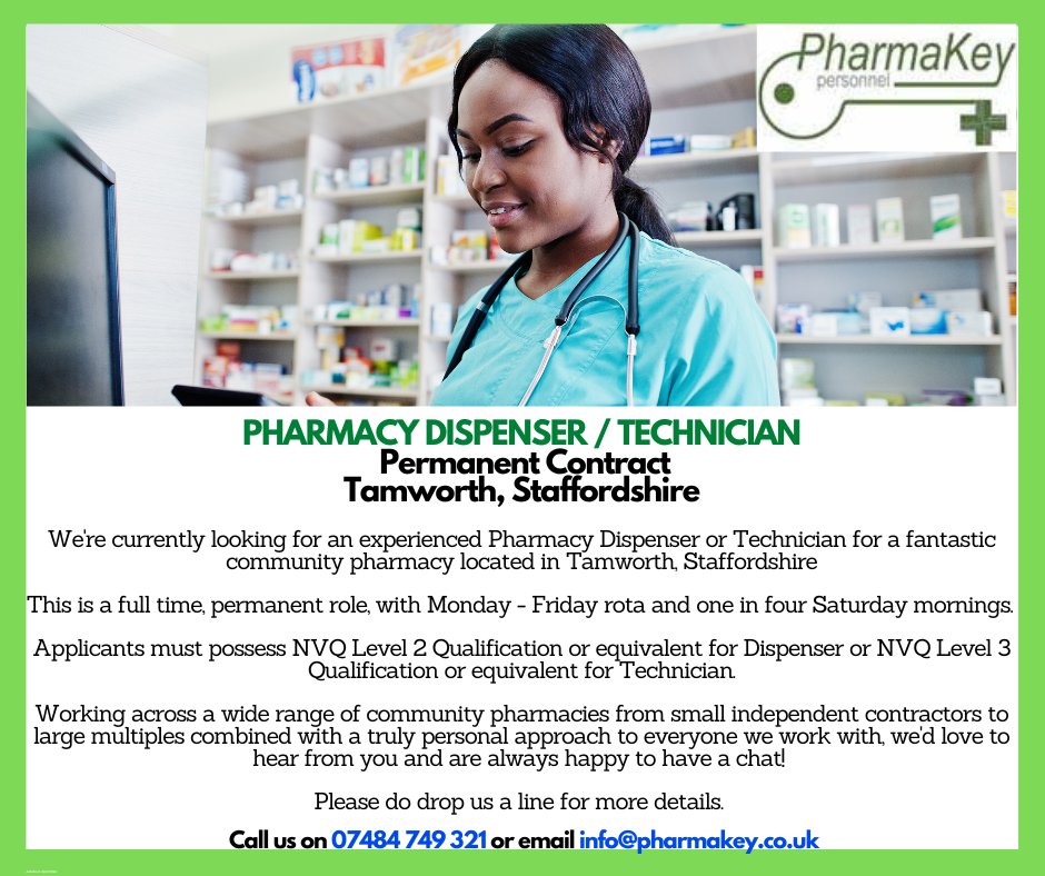 Happy Friday Everyone!! :) We're finishing the week strong with another great role, for a Pharmacy Dispenser or Technician in a wonderful West Midlands based pharmacy! Call or message today for more details 

#pharmacydispenser #pharmacytechnician #pharmacyjobs #westmidlandsjobs