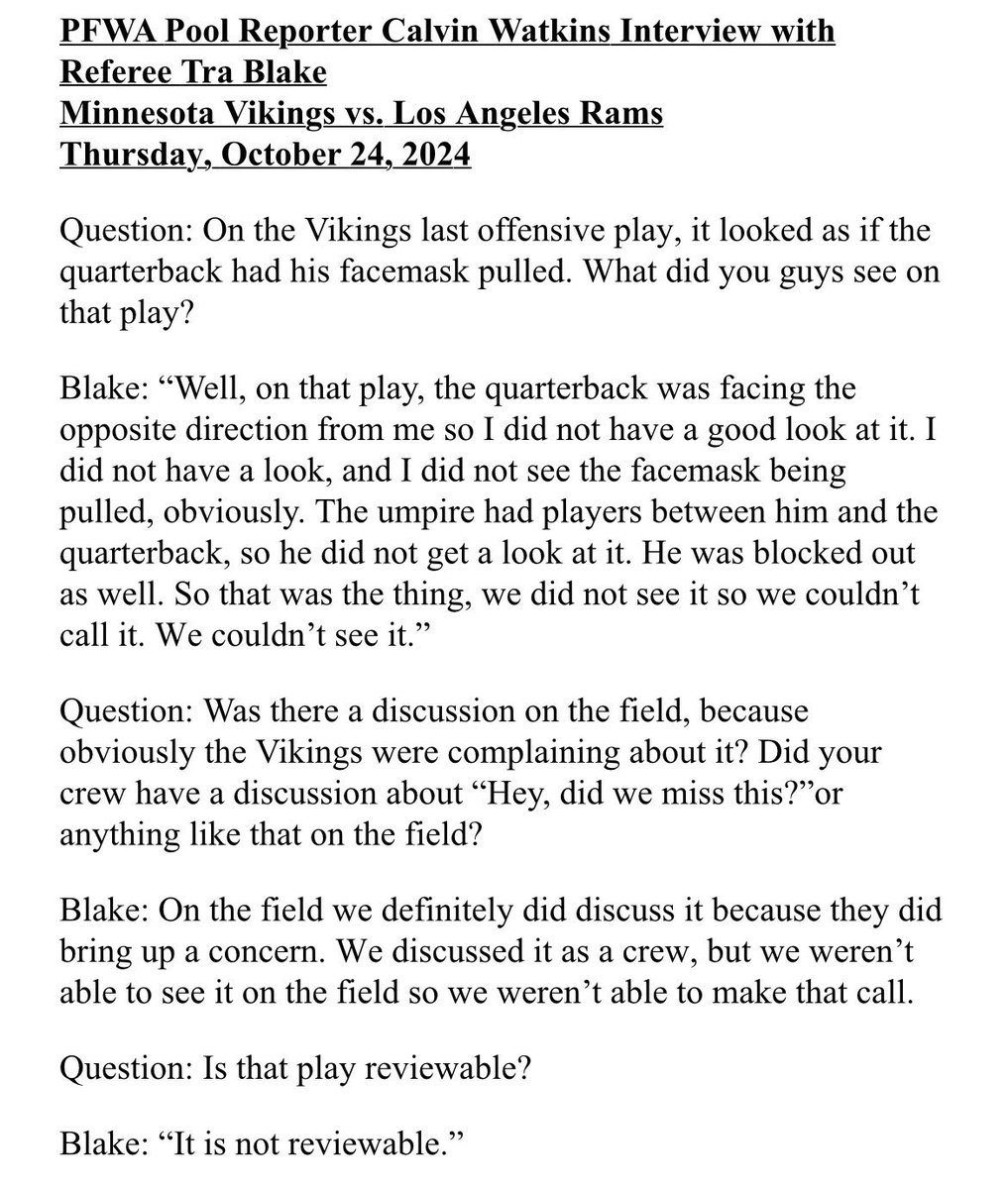 RapSheet's tweet image. Here is the pool report via @calvinwatkins with referee Tra Blake on the Sam Darnold facemask non-call in the end zone