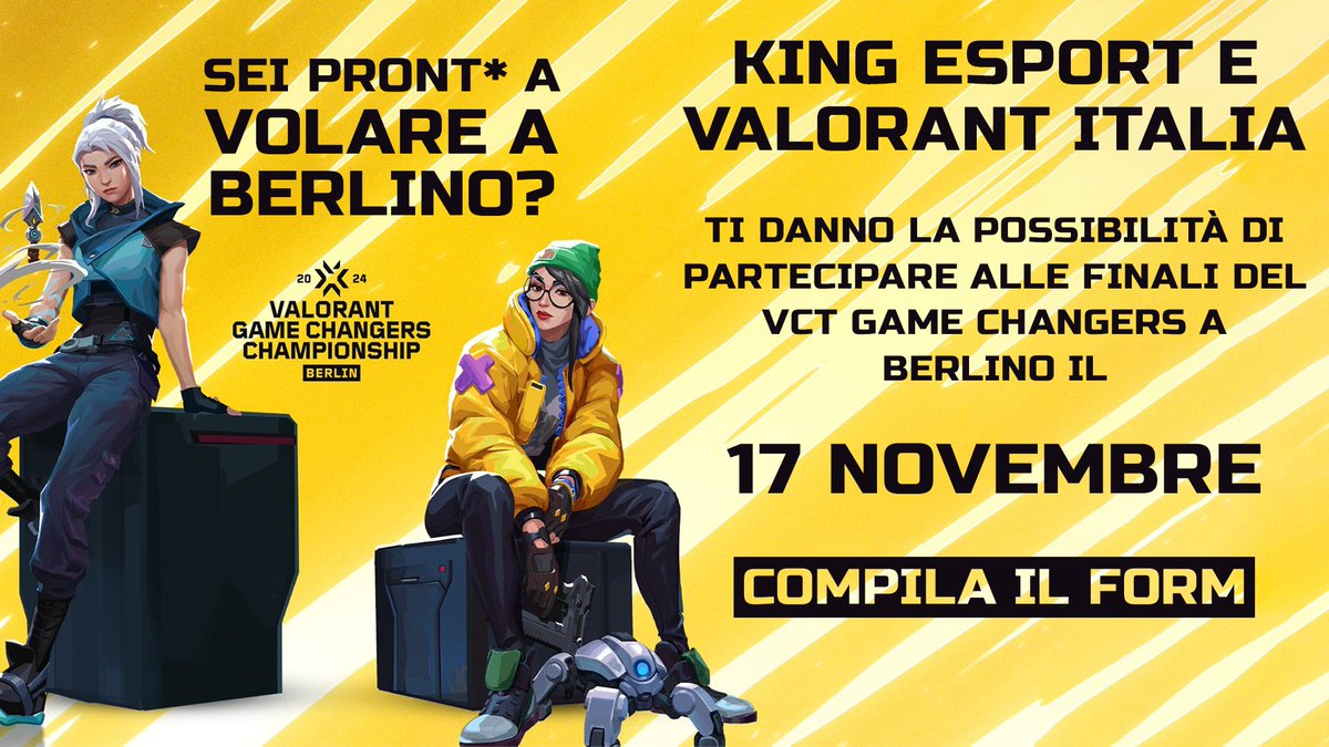 King Esport (@king___esport) on Twitter photo ✨ <a href="/itVALORANT/">VALORANT - Italia</a> & <a href="/king___esport/">King Esport</a> ti offrono la possibilità di vivere un'esperienza indimenticabile!
Vuoi volare a Berlino e assistere dal vivo alle finali del VCT Game Changers? 🌍✈
Compila il form e raccontaci perché proprio tu dovresti essere scelt*! Il vincitore riceverà ✨ <a href="/itVALORANT/">VALORANT - Italia</a> & <a href="/king___esport/">King Esport</a> ti offrono la possibilità di vivere un'esperienza indimenticabile!
Vuoi volare a Berlino e assistere dal vivo alle finali del VCT Game Changers? 🌍✈
Compila il form e raccontaci perché proprio tu dovresti essere scelt*! Il vincitore riceverà