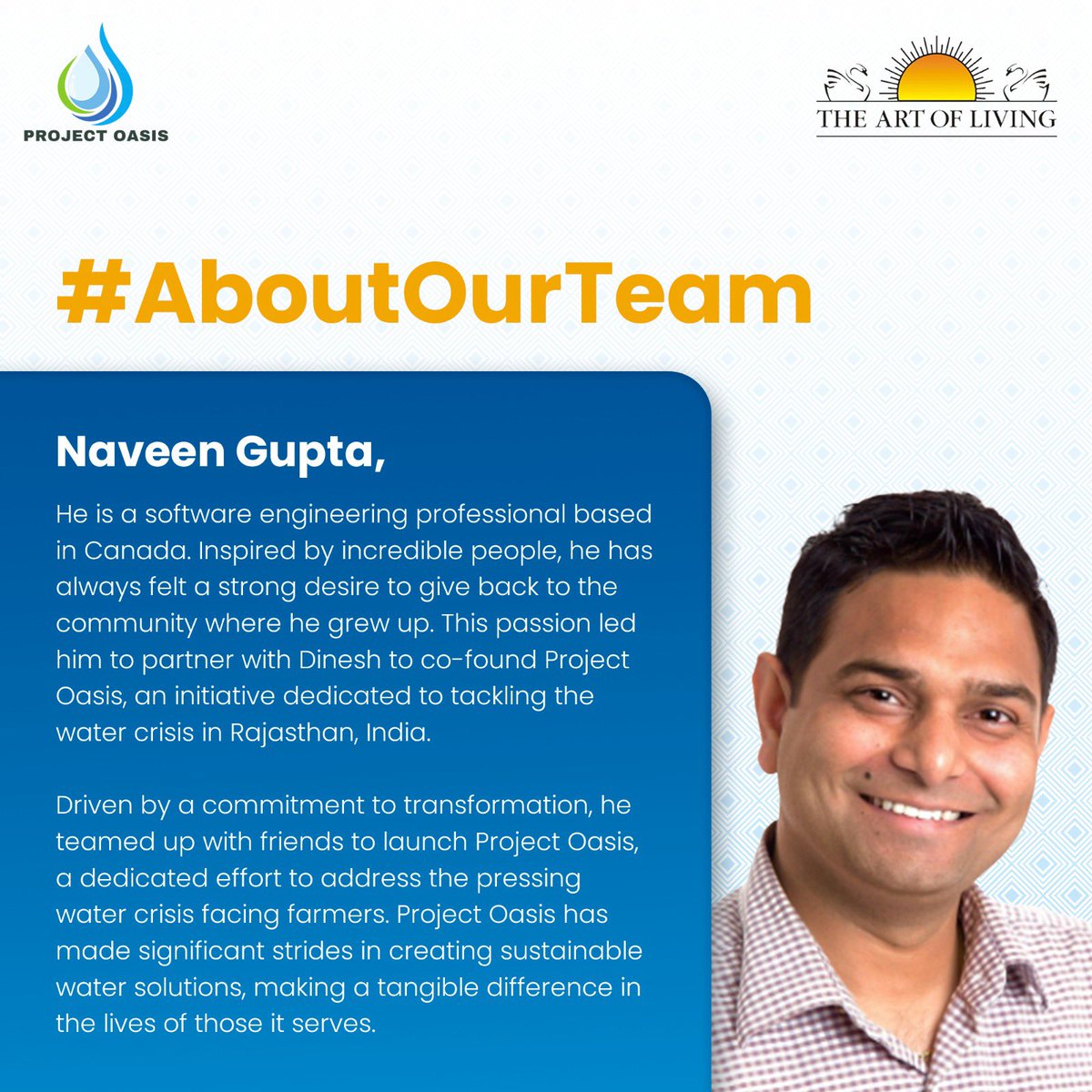 ProjectOasis02's tweet image. Meet Naveen Gupta, a software engineer in Canada with a heart for his homeland. Inspired by the resilience of his community, Naveen joined forces with Dinesh to co-found #ProjectOasis, aimed at addressing the severe water crisis in Rajasthan, India.

#AboutOurTeam