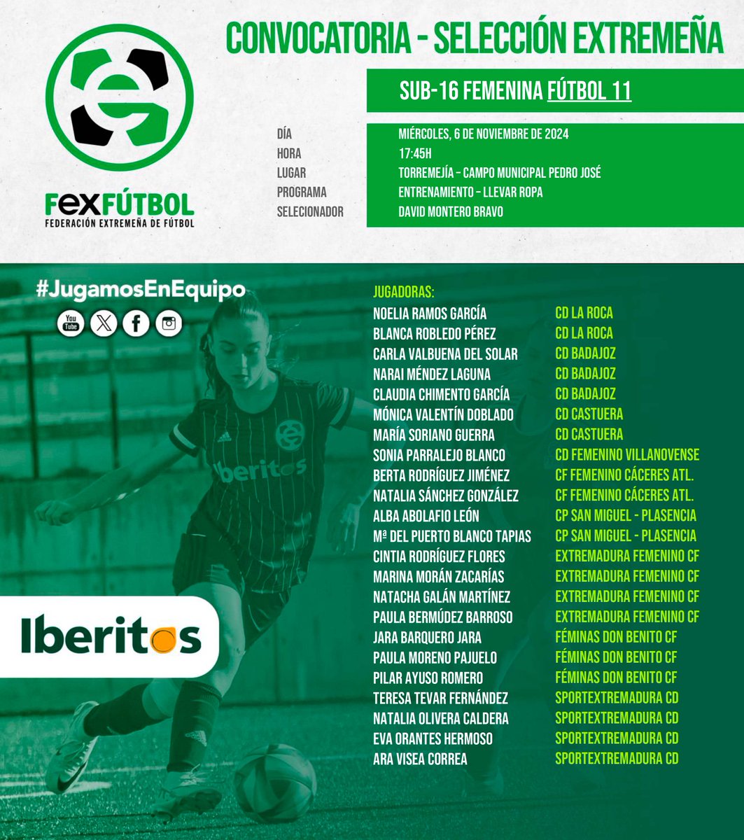 💚🤍🖤 | #SelecciónExtremeña |

📌Nuevas convocatorias para las selecciones extremeñas sub-14 y sub-16 femeninas el miércoles 6 de noviembre en 📍Torremejía.

#SomosFEXFUTBOL
#VamosExtremeña