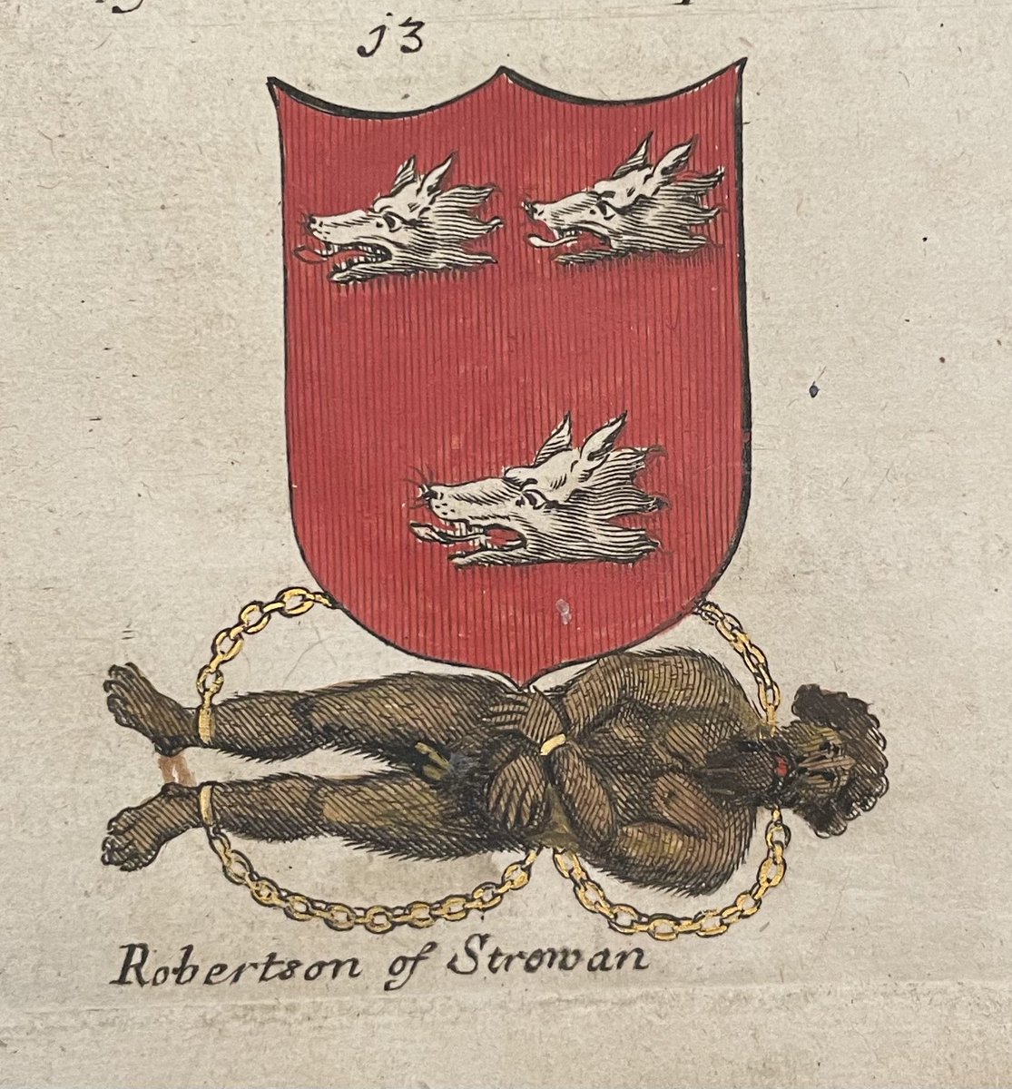 NatisArms's tweet image. 1/2… I’m looking for a solid fact about this man put there as an #compartment for this coat of arms. 
Taken from the heraldic guide published in 1680 in Scotland, a work of George Mackenzie. 
The arms of Robertson of Struan, Chief of Duncan. 
#heraldry #LesArmiariesDuVendredi