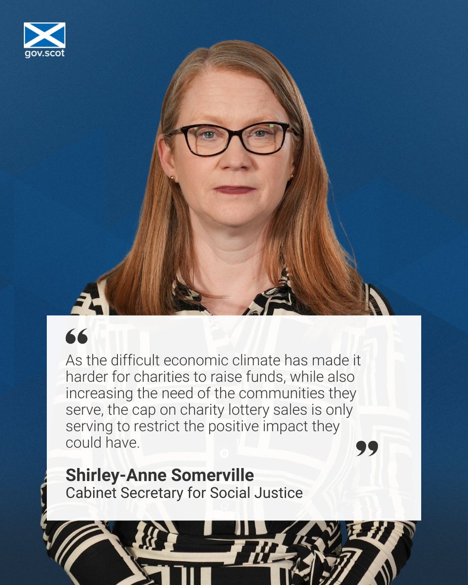 Scot Gov Fairer (@scotgovfairer) on Twitter photo Social Justice Secretary <a href="/S_A_Somerville/">Shirley-Anne Somerville</a> has called on the UK Government to scrap the charity lottery sales cap.
The cap restricts the amount of money charity lotteries can raise each year, limiting the positive impact they can make for good causes.
gov.scot/publications/c… Social Justice Secretary <a href="/S_A_Somerville/">Shirley-Anne Somerville</a> has called on the UK Government to scrap the charity lottery sales cap.
The cap restricts the amount of money charity lotteries can raise each year, limiting the positive impact they can make for good causes.
gov.scot/publications/c…