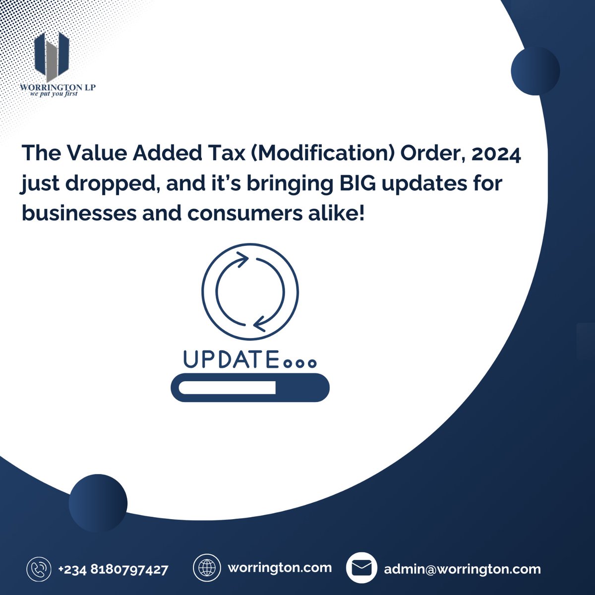 WorringtonC's tweet photo. TAX FRIDAY ALERT: BIG CHANGES TO VAT IN NIGERIA – ARE YOU READY? 🚨

The Value Added Tax (Modification) Order, 2024 just dropped, and it’s bringing BIG updates for businesses and consumers alike! 🌍🚗⚡ With new VAT exemptions on electric vehicles, green energy equipment, and https://t.co/50abbq9qZa