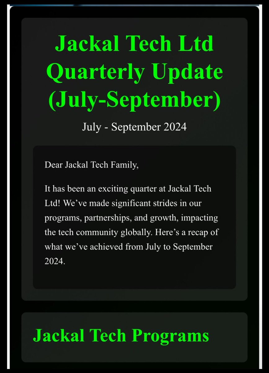 jackaltechltd's tweet photo. Have you checked out our Q3 2024 highlights? We’re excited to share the strides we’ve made in innovation, partnerships, and staff growth this quarter. 
Our team grew by 18% in Q2. Can I say we doubled in Q3?

🔗 Read More: https://t.co/eGWLFfj8DG https://t.co/wkBMFi36O6