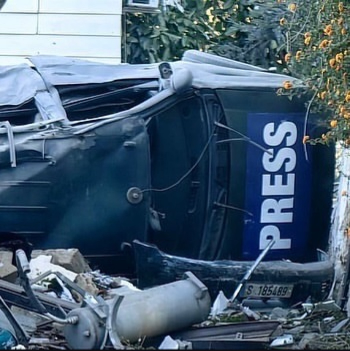 A symbolic photo of our time. The aftermath of an attack on journalists in south Lebanon today.
