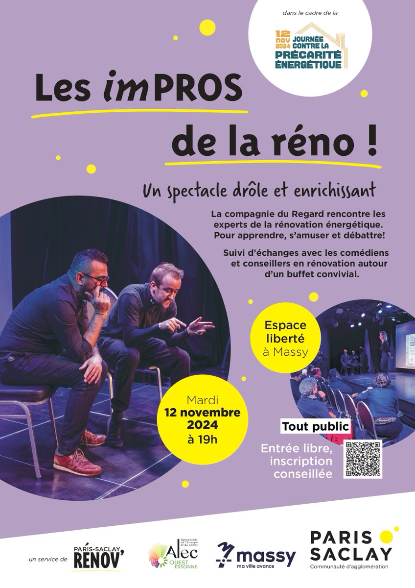 ALEC_OE's tweet photo. 🌿 Qui a dit que la rénovation énergétique était ennuyeuse ? 🎭 Rejoignez-nous pour Les ImPROS de la rénovation !
📅 12 nov, 19h à Massy
👉 https://t.co/5kIX5JH2D0
#RénovationÉnergétique @villedemassy @agglopariSaclay @JCPE_fr https://t.co/W4BDbq5HBu