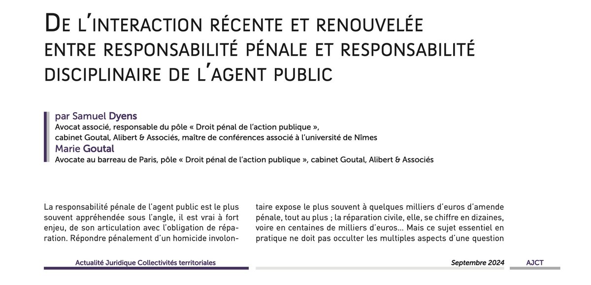 #Responsabilité disciplinaire &amp; pénale : quelle articulation pour l'agent public ?

Pour la clarifier voici l'analyse signée <a href="/samueldyens/">Samuel Dyens 🇫🇷🇬🇷</a> &amp; Marie Goutal

Parue le mois dernier à <a href="/CollTerrDalloz/">CollTerrDalloz AJCT</a> 

Aujourd'hui sur notre blog goutal-alibert.net/blog/responsab…

#AgentPublic #FonctionPublique