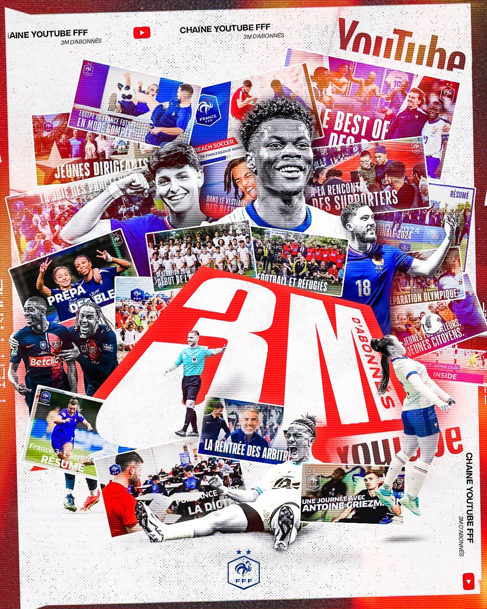 3️⃣ 𝐌𝐈𝐋𝐋𝐈𝐎𝐍𝐒 𝐃’𝐀𝐁𝐎𝐍𝐍𝐄́𝐒 🫶

Un immense merci à tous les passionnés qui font de la FFF la plus grande fédération du monde sur 𝐘𝐎𝐔𝐓𝐔𝐁𝐄 🎥❤️

Ensemble, continuons à vibrer pour le football français ⚽️🇫🇷

👉 youtube.com/@FFF