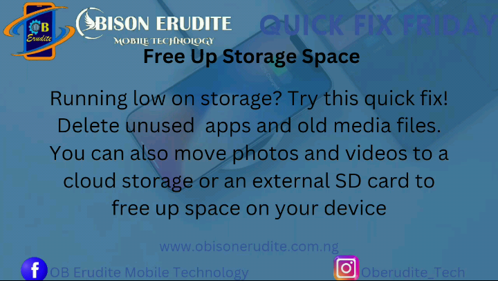 ObErudite's tweet image. 💡 Quick Fix Friday (Episode 8): How to Free Up Storage on Your Device 💡

Running out of storage? Don’t let a cluttered device slow you down! Try this quick tips to clear up space and boost performance

#QuickFixFriday #ObisonErudite #PhoneStorage #DeviceMaintenance #ClearCache