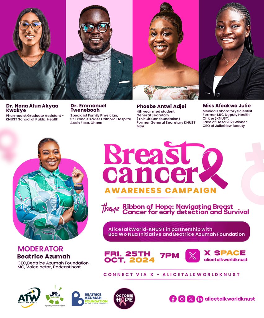 _AlicetalkWord's tweet photo. ALICETALKWORLD KNUST
🎀 BOA WO NUA Initiative 🎀 BEATRICE AZUMAH FOUNDATION
Presents to you
RIBBON OF HOPE🎀
Join us for an insightful discussion on breast cancer awareness, early detection, and survival strategies.
#saveaboob
#Alicetalkworld
#Breastcancerawareness
#earlyd https://t.co/cFyQFCwVIc