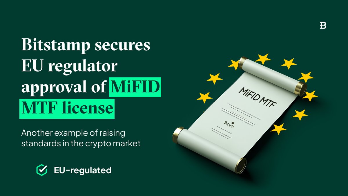 Bitstamp's tweet image. MiFID MTF license? Checked! ✅

We’re among the first crypto exchanges awarded this license, marking the start of a new era.

We can now start taking steps toward offering sophisticated products like crypto derivatives, including perpetual swaps.

More: blog.bitstamp.net/post/bitstamp-…
