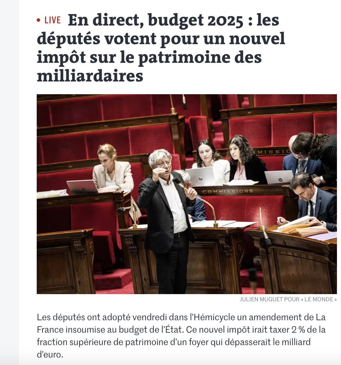 Historique : l'Assemblée adopte en séance le principe d'un impôt sur les milliardaires 

C'est une mesure de bon sens, dont l'effet serait en réalité modeste : s'assurer que ces derniers ne payent pas *moins* d'impôts que les classes moyennes, comme c'est le cas aujourd'hui 

🧵