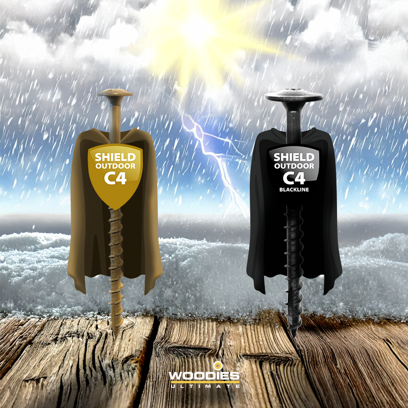 Woodies Ultimate Shield Outdoor en Shield Outdoor Blackline schroeven zijn vele malen sterker en meer weerbaar dan RVS schroeven. Met die anti-roest coating zijn het de superhelden van jouw bouwproject.

#woodiesultimate #schroeven #superheld #antiroest #sterk #shield #outdoor