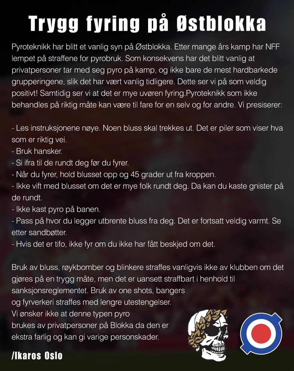 I dag blir vi 1500+ Vålerengafans på Nadderud. Høstmørket gir høysesong for pyro og i den forbindelse minner vi om denne som Ikaros skrev i fjor. 

Det er særlig viktig at vi unngår one shots, bangers og annet som smeller, samt kasting generelt. Da kan klubben straffes av NFF.