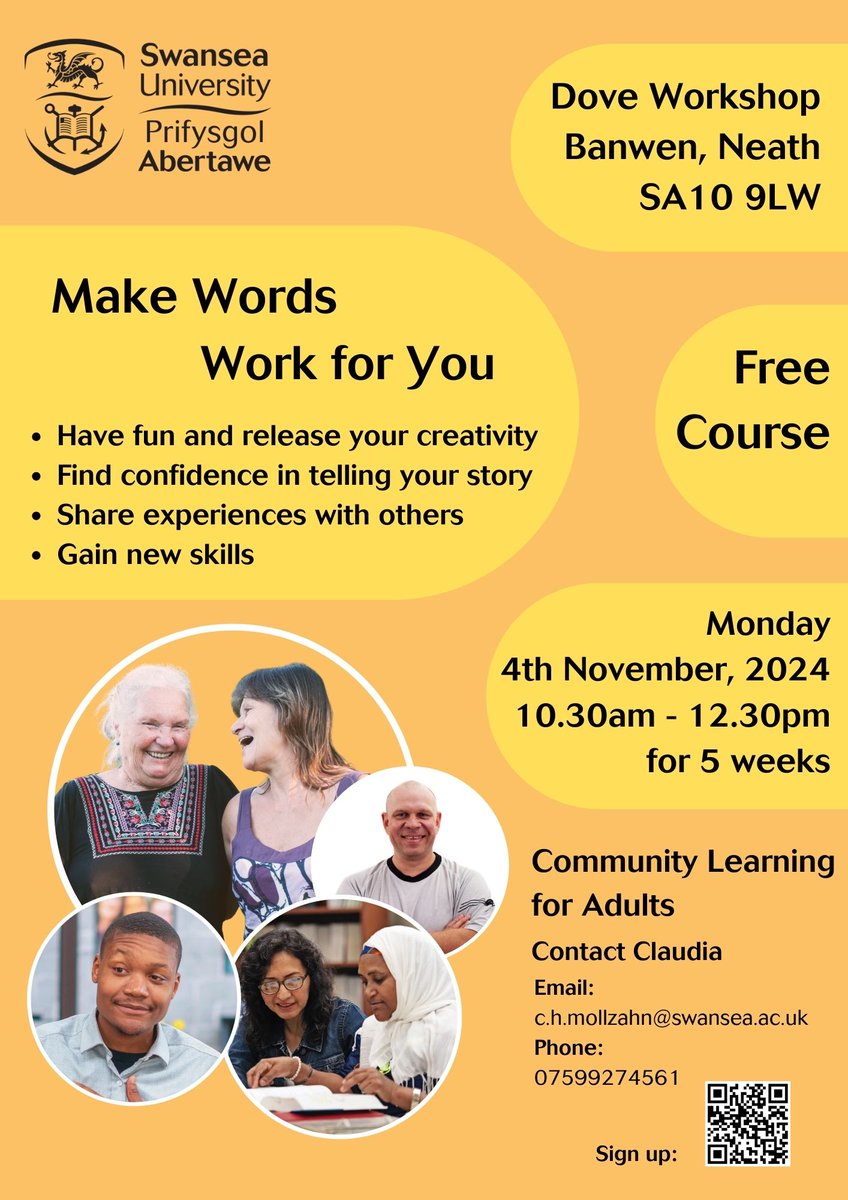 Make Words Work for You 🖊️📒

Free creative writing course beginning Monday November 4th.

10:30AM - 12:30PM
5 Weeks
DOVE Workshop, SA10 9LW

Please get in touch to book your space.