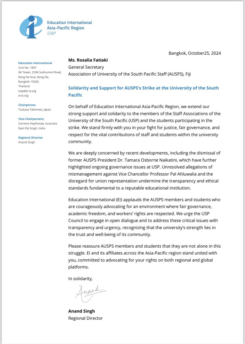 Education International Asia-Pacific Region (@eduintap) on Twitter photo Solidarity with staff & students of <a href="/UniSouthPacific/">The University of the South Pacific</a> in their fight for fair governance, workers' rights & academic freedom. 🌏✊ We stand united with AUSPSU in demanding transparency & respect for all staff. #Solidarity Solidarity with staff & students of <a href="/UniSouthPacific/">The University of the South Pacific</a> in their fight for fair governance, workers' rights & academic freedom. 🌏✊ We stand united with AUSPSU in demanding transparency & respect for all staff. #Solidarity