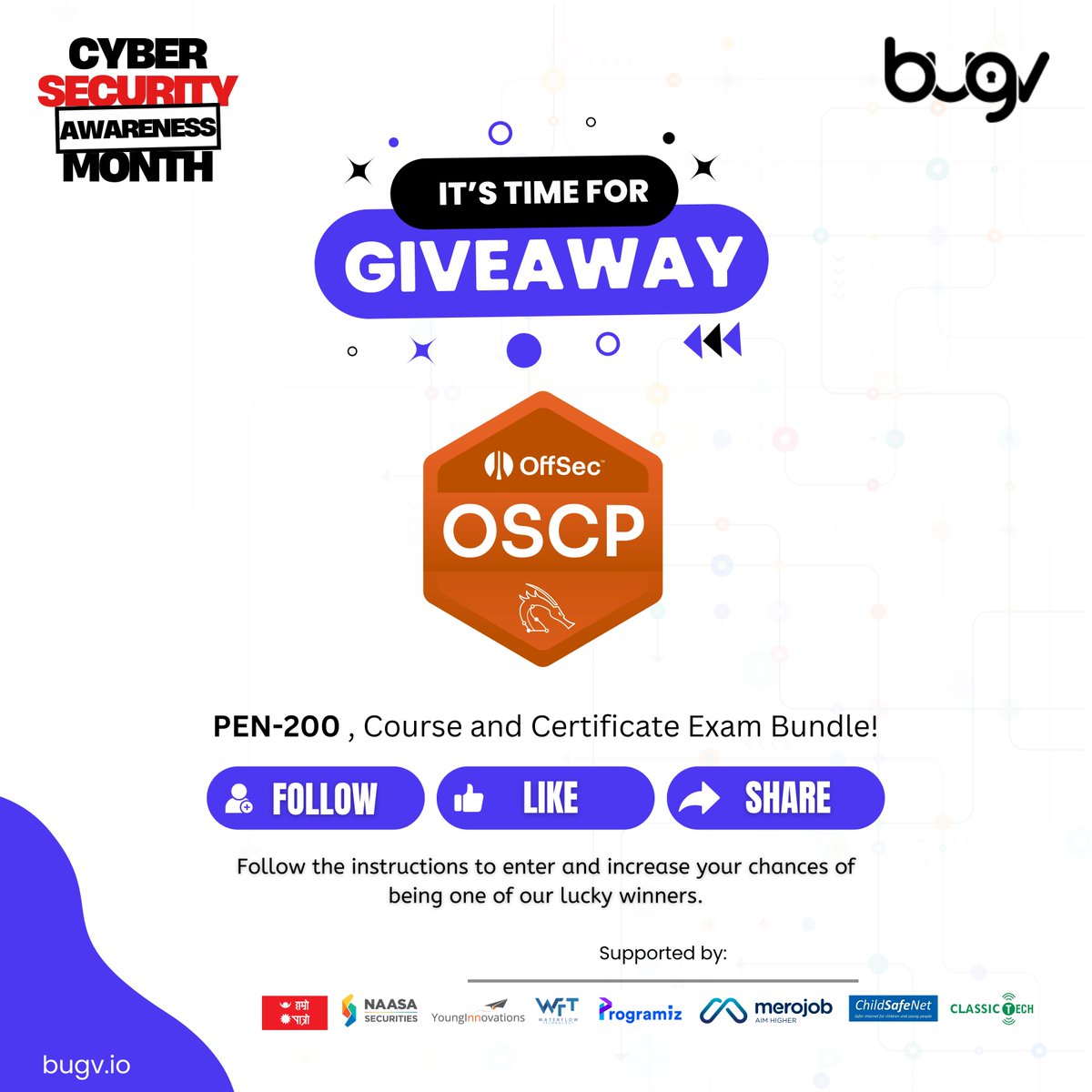 OSCP Giveaway

In celebration of Cybersecurity Awareness Month, win the OffSec OSCP PEN-200 Course &amp; Certificate Exam Bundle! 🛡️✨

💥 How to Participate:

1. Follow us on Facebook, LinkedIn, Instagram &amp; Twitter.
2. LIKE this post.
3. SHARE with your community!

Good luck! 🍀