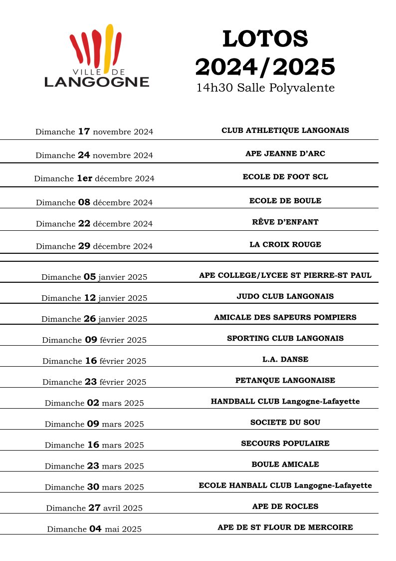 #lotos #langogne de novembre à mai, 14h30, salle polyvalente, proposés par les associations locales.
#lozere #margeride #hauteloire #ardeche #gevaudan