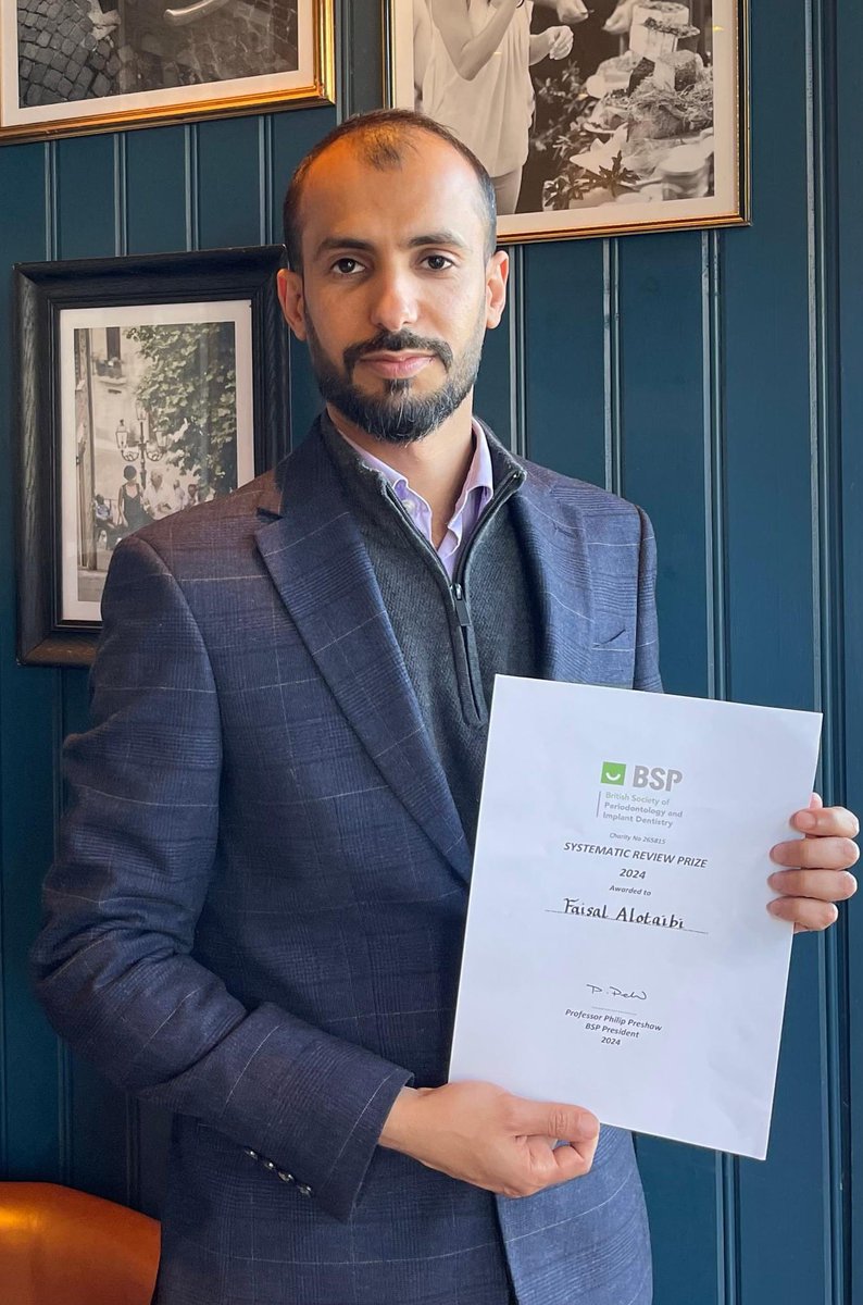 Congratulations to the winner of this year's BSP Systematic Review Prize, Faisal Alotaibi, for his research entitled, "Premature Bone Resorption in Vertical Ridge Augmentation: A Systematic Review and Network Meta-Analysis."