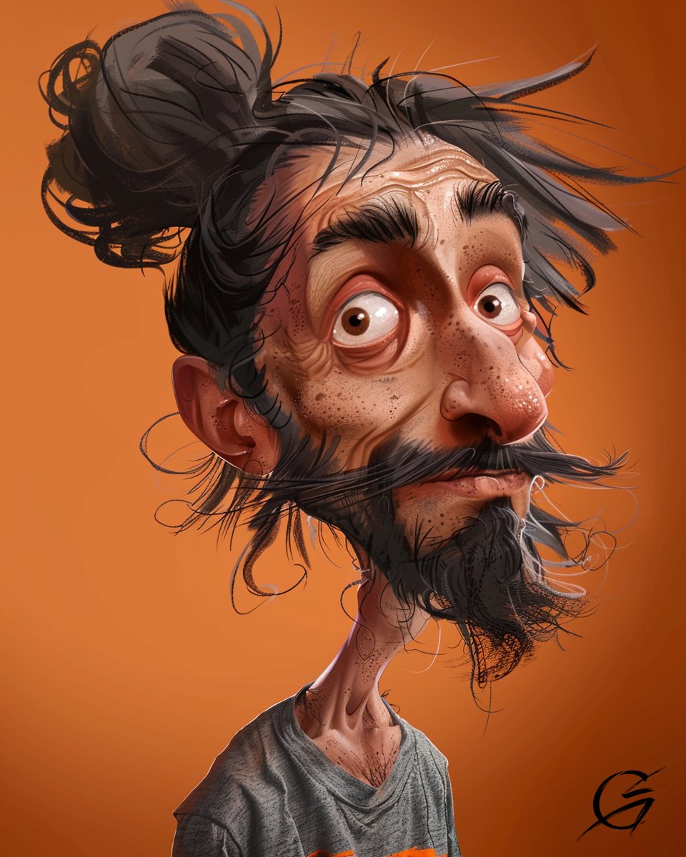 g_art_official's tweet image. When your hair is more complex than your problems! This guy clearly hasn't seen a barber in 84 years, but hey, the man bun is here to stay, right? 😂 #ManBunLife #FunnyCaricatures #Caricatures #CaricatureArtist #QuirkyLook #HairGoals #MessyHairDontCare #StylishMadness