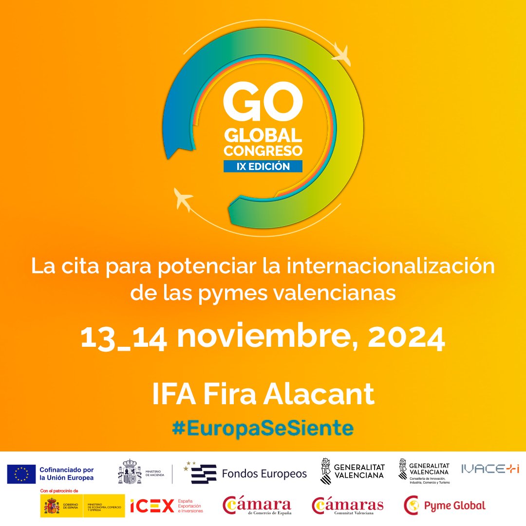 🌐 ¿Te planteas llevar tu empresa al mercado internacional? ¡La cita que estabas esperando llega! El IX Congreso Go Global aterriza en Alicante.
 
📅 Reserva el 13 y 14 de noviembre
📍 IFA – Fira Alacant
 
🔗 Regístrate aquí: [bit.ly/3YCsvbP]