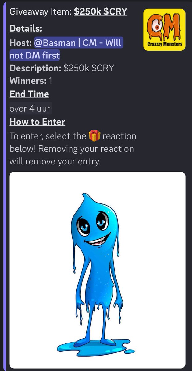 🚨 Attention #CMFam
Teardrop Terry is giving away 250,000 $CRY tokens in the <a href="/CrazzzyMonsters/">Crazzzy Monsters</a> Discord 🎉 

Don’t miss your chance to win join now, hang with the community, and get ready to MINT your monsters today! 👹🔥 

#NFTCommunity #MintDay #ArcaneCreaturesEdition

$CRO $MERY