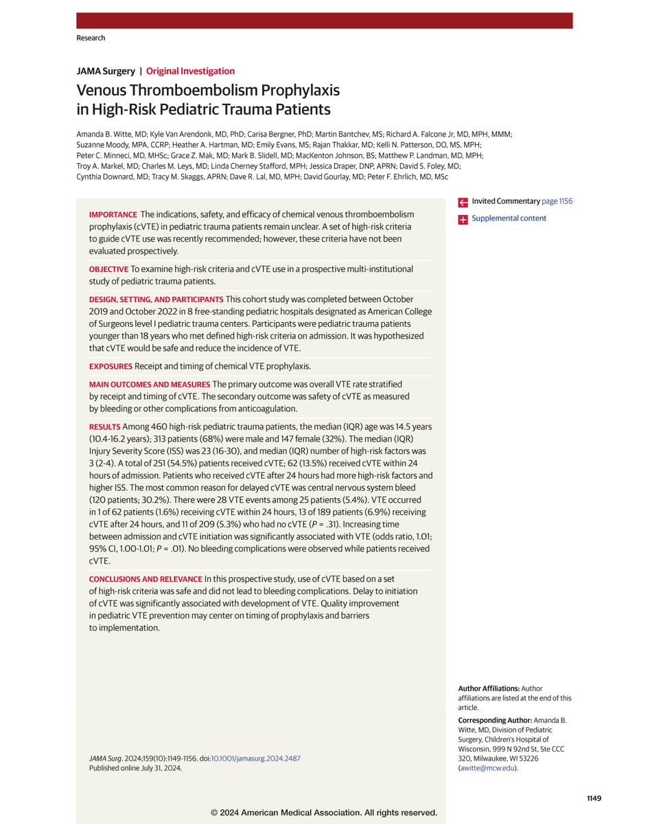 JAMA Surgery (@jamasurgery) on Twitter photo Prospective study by the Midwest Pediatric Surgery Consortium applied risk-based VTE prophylaxis guidelines following pediatric trauma, demonstrating prophylaxis was safe and most beneficial when applied early. ja.ma/3BWWout <a href="/AmandaWitteMD/">Amanda Witte, MD</a> <a href="/MCWPedSurg/">MCW Pediatric Surgery</a> <a href="/UMPedsSurg/">UM Pediatric Surgery</a> #MWPS Prospective study by the Midwest Pediatric Surgery Consortium applied risk-based VTE prophylaxis guidelines following pediatric trauma, demonstrating prophylaxis was safe and most beneficial when applied early. ja.ma/3BWWout <a href="/AmandaWitteMD/">Amanda Witte, MD</a> <a href="/MCWPedSurg/">MCW Pediatric Surgery</a> <a href="/UMPedsSurg/">UM Pediatric Surgery</a> #MWPS