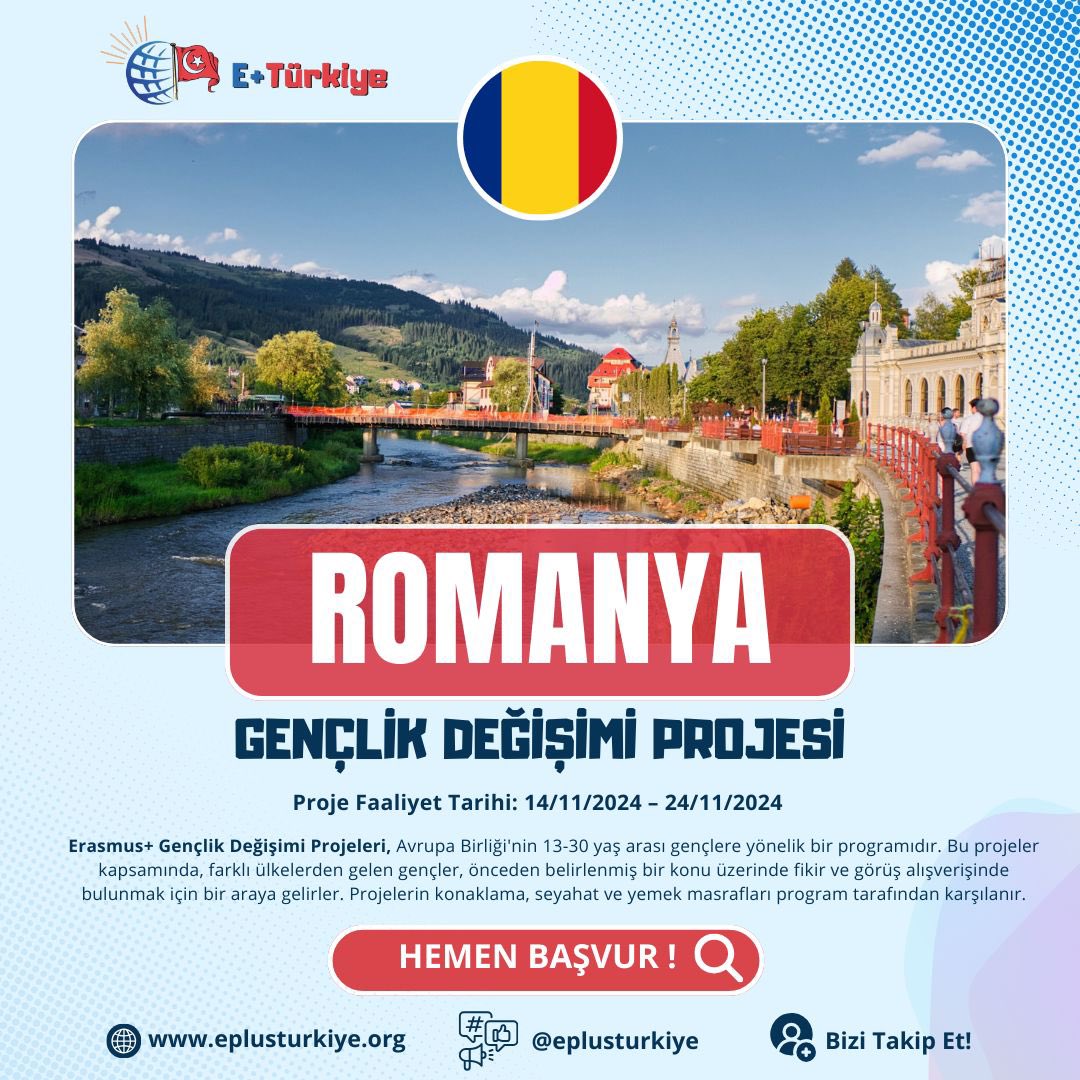 🇷🇴Romanya Gençlik Değişimi Projesi

📍 Proje Yeri:Romanya

📅 Proje Faaliyet Tarihi:14/11/2024 – 24/11/2024 

🗓️ Son Başvuru Tarihi: Belirtilmemiştir 

eplusturkiye.org/proje/romanya-…
