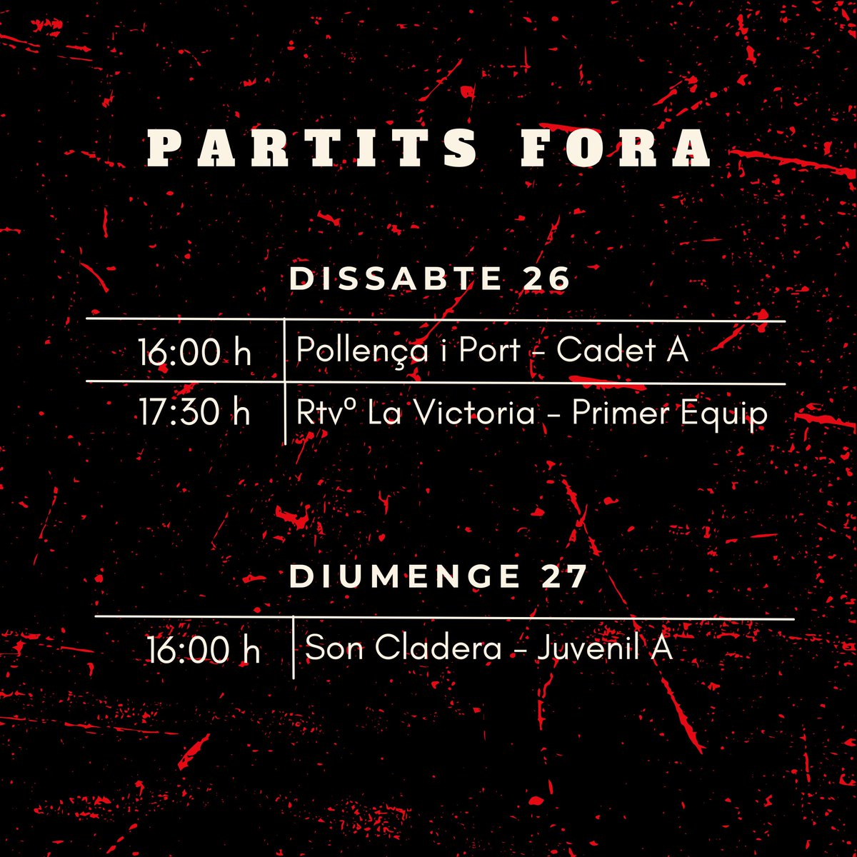 Bon divendres, serverins🔴⚫️❗️
Aquí teniu la nostra agenda setmanal amb 9 partits a Ses Eres durant aquest cap de setmana😍.