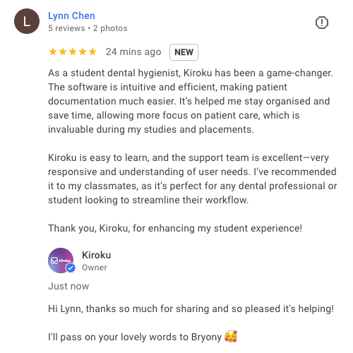 TryKiroku's tweet photo. Think Kiroku is just for dentists? Hygienists and therapist are also benefitting from faster, better notes.

Keep on top of your record-keeping, staying organised, saving time and allowing you to focus on your patients.

And if you need any help - remember we're here for that! https://t.co/H7FQnoUPgl