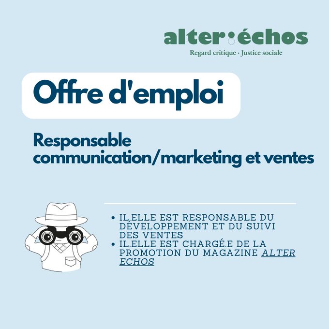 Envie de rejoindre une super équipe, dans un projet plein de sens?
<a href="/AlterEchos/">AlterEchos</a> est à la recherche de son ou sa futur.e responsable de la communication et du marketing ! 
Toutes les infos ici  👉lnkd.in/eag9z5_7 Candidature à envoyer à alter@alter.be avant le 11 novembre