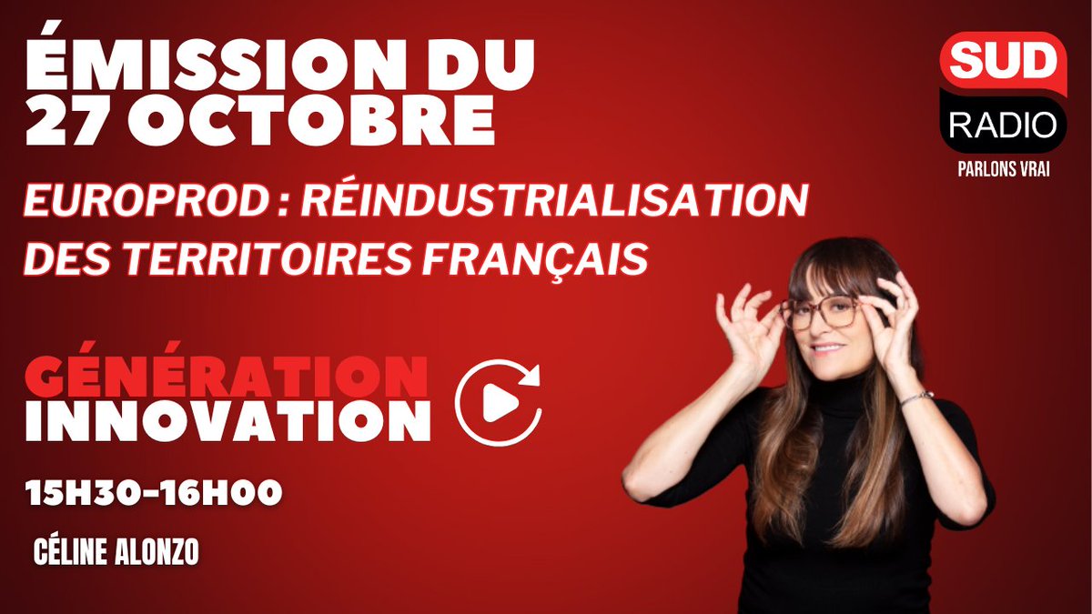 🔁 Retrouvez le replay de "Génération Innovation", l'émission de <a href="/alonzoceline/">Alonzo Celine</a> !

▶ EuroProd : réindustrialisation des territoires français

Avec Fadwa Sube (<a href="/SubeFadwa/">fadwa sube</a>), fondatrice et présidente de EUROPROD et Laurent Benveniste, expert en innovation.

youtube.com/watch?v=16a4KB…