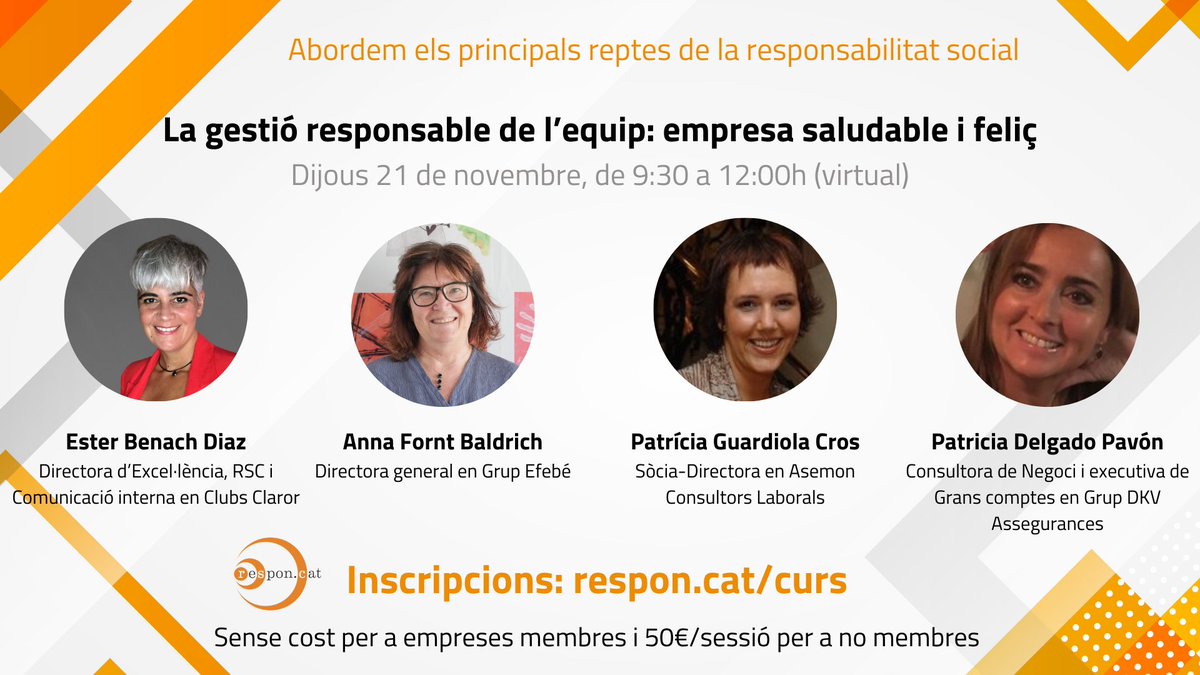 Respon.cat (@respon_cat) on Twitter photo La gestió responsable de l’equip: empresa saludable i feliç, amb <a href="/grup_efebe/">Grup Efebé</a> #Asemon <a href="/DKVSeguros/">DKV Salud (ES)</a>
📅 Data: dijous 21 de novembre
⏰ Hora: 9:30 a 12:00h
🖥️ Virtual: per Zoom
💶 Preu: sense cost empreses membres i 50€/sessió no membres
➡️ Inscripcions: respon.cat/curs La gestió responsable de l’equip: empresa saludable i feliç, amb <a href="/grup_efebe/">Grup Efebé</a> #Asemon <a href="/DKVSeguros/">DKV Salud (ES)</a>
📅 Data: dijous 21 de novembre
⏰ Hora: 9:30 a 12:00h
🖥️ Virtual: per Zoom
💶 Preu: sense cost empreses membres i 50€/sessió no membres
➡️ Inscripcions: respon.cat/curs