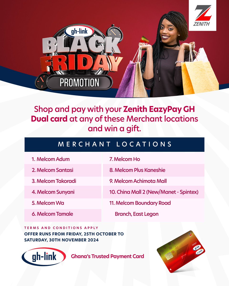 ZenithBank_Gh's tweet photo. It starts today!

Shop and pay with your Zenith EazyPay GH Dual card at any of the listed Merchant Locations and win a gift.

#ZenithEazyPayGh #ZenithBankGhana #InYourBestInterest https://t.co/mpZMnXirRl