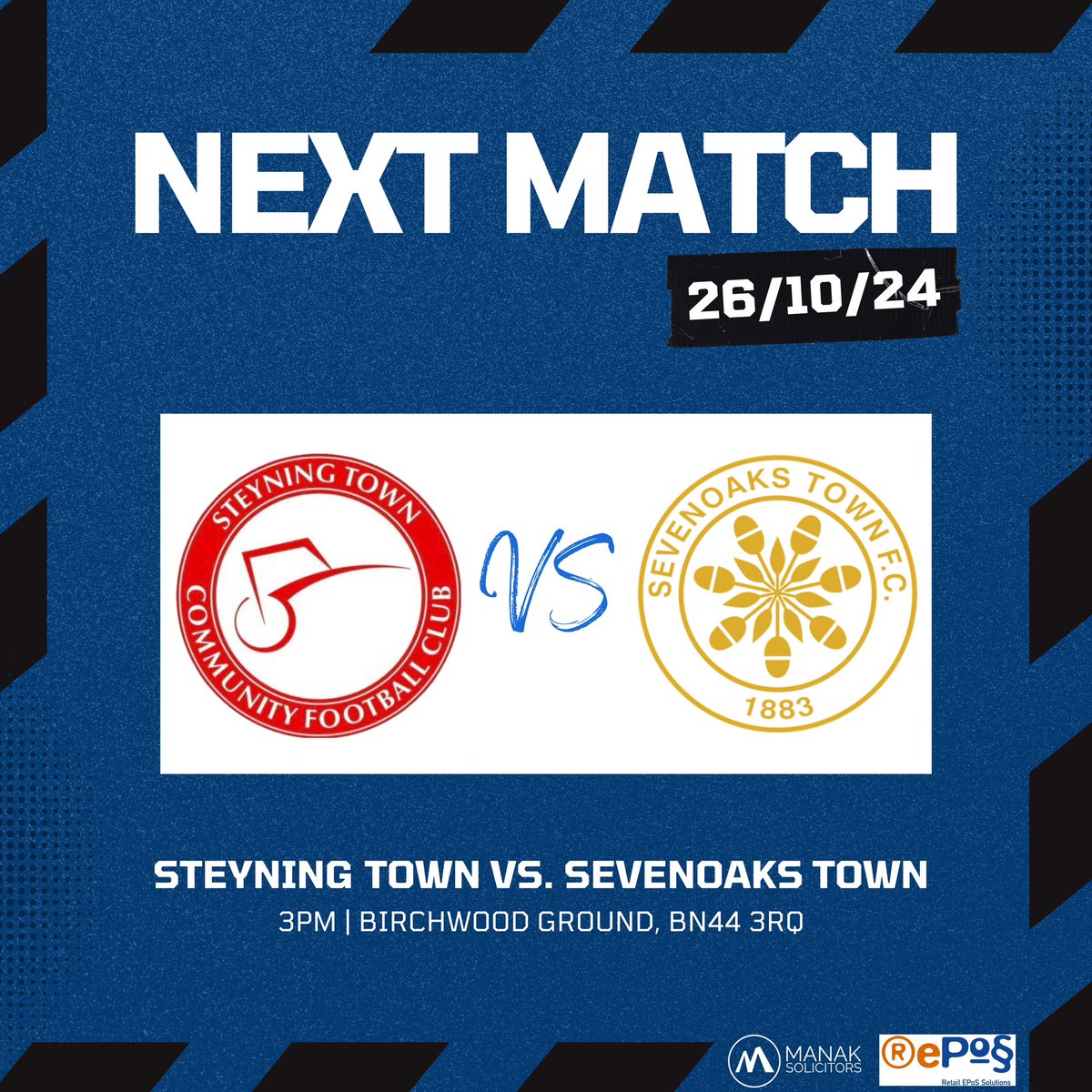 SevenoaksTownFC's tweet image. NEXT UP TOMORROW! ⚽️

🗓️ Saturday 26th October 
🆚 Steyning Town 
⌚️ 3pm
🏟️ Birchwood Ground, BN44 3RQ
🎫 Adults £10, Concessions £6, U15s £2, U5s Free
🏆 Isthmian League South East 

🔵⚫️ | #Sevenoaks #STFC #IsthmianLeague