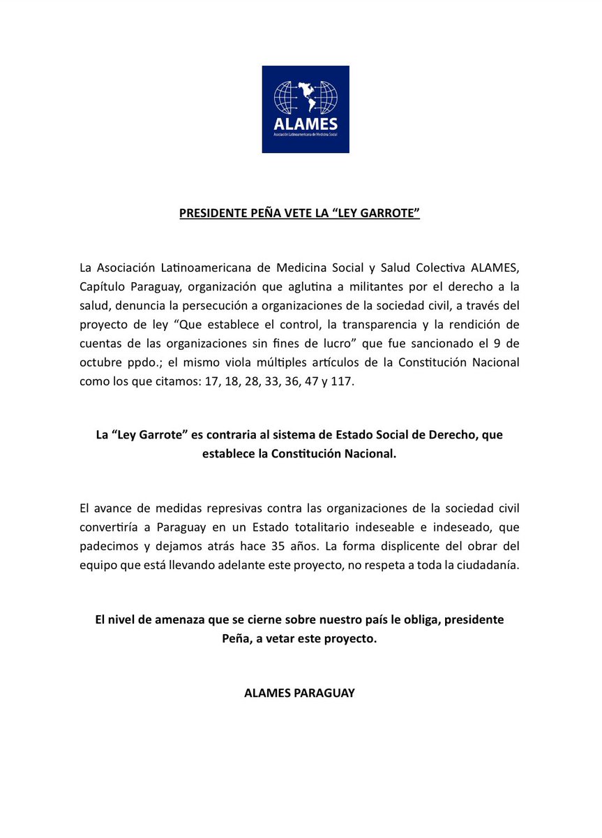 AlamesParaguay's tweet photo. 📌Presidente @SantiPenap VETE LA “LEY GARROTE” https://t.co/a7yiA7wHUi