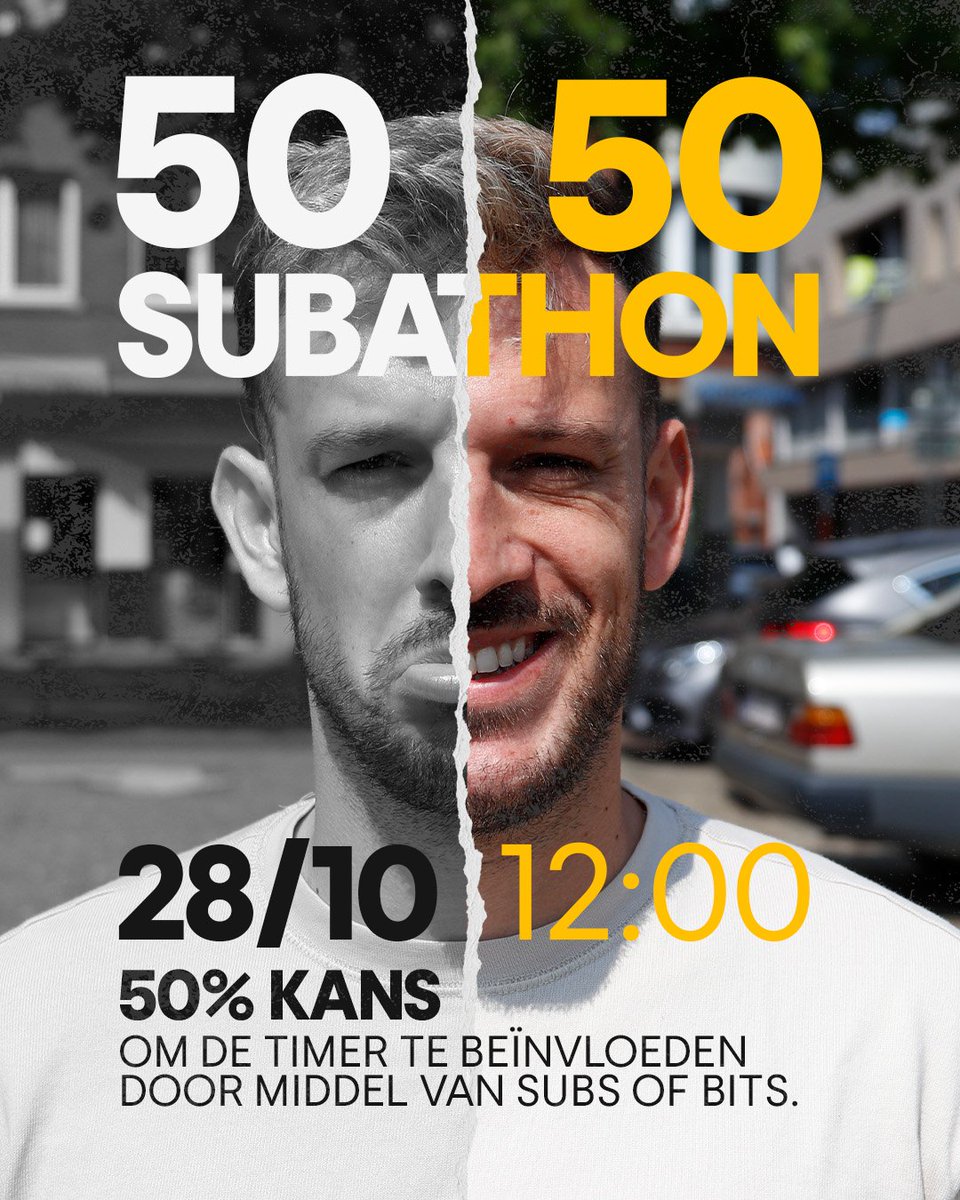 Maandag start ik de 50/50 subathon om 12u00.
Timer begint op 4 uur en elke sub/dono of bits geven een 50 procent kans om de timer te verhogen of te verlagen. Stream eindigt pas als de timer op 0 staat 👀