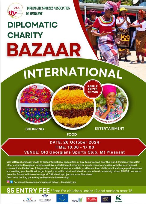 Excited for #DSABazaar2024 tomorrow 26 Oct! 
The Diplomatic Charity Bazaar is back at Old Georgians, Harare 🇿🇼 Find us 🇮🇹 <a href="/SueDeiters/">Sue Deiters</a> <a href="/OptinovaZim/">Optinova Eyecare Zim</a> <a href="/euinzim/">EU Delegation to Zimbabwe 🇪🇺</a>🇪🇺 pavillion! 
Great opportunity to explore🌍cultures &amp; support our local charity projects!
See you there!🎉
<a href="/DSA_Charity_ZW/">Diplomatic Spouses Association Zimbabwe</a>