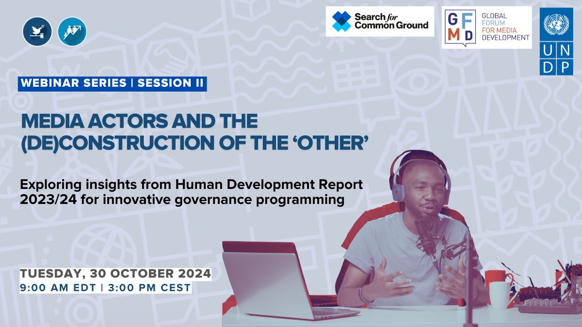 Global Forum for Media Development #MediaDev (@mediagfmd) on Twitter photo 📢Join us for the 2nd #HDR2024 webinar on insights for innovative governance programming!
<a href="/UNDP/">UN Development</a>, <a href="/MediaGFMD/">Global Forum for Media Development #MediaDev</a> & <a href="/SFCG_/">Search for Common Ground</a> will discuss #MediaDev, polarization & its impact on democratic governance.
📅 30 October
🕙 9am EDT | 3pm CEST
📝 Register here: bit.ly/4henInX 📢Join us for the 2nd #HDR2024 webinar on insights for innovative governance programming!
<a href="/UNDP/">UN Development</a>, <a href="/MediaGFMD/">Global Forum for Media Development #MediaDev</a> & <a href="/SFCG_/">Search for Common Ground</a> will discuss #MediaDev, polarization & its impact on democratic governance.
📅 30 October
🕙 9am EDT | 3pm CEST
📝 Register here: bit.ly/4henInX