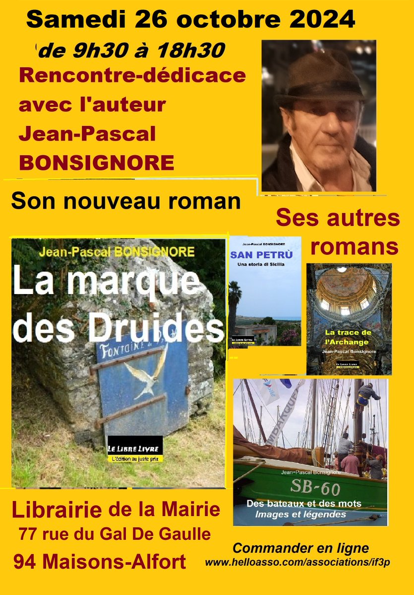 JpBonsignore's tweet photo. Demain samedi, je dédicace à la librairie de la Mairie, Maisons-Alfort (94) https://t.co/ulgccHAzE0