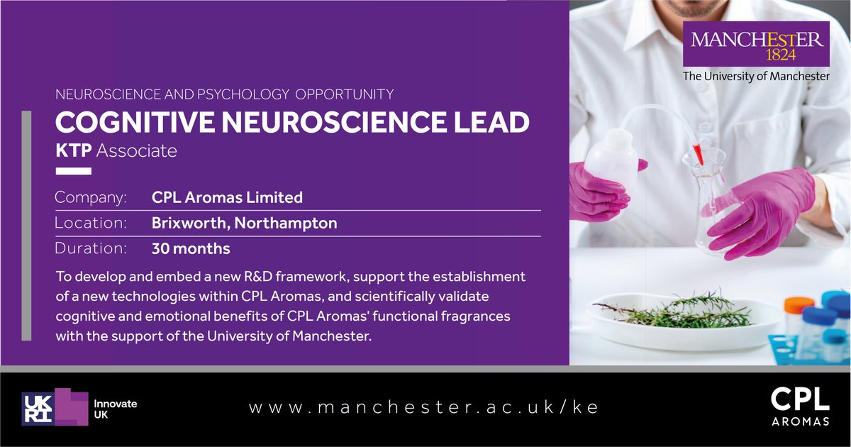 UoM Business Engagement and Knowledge Exchange (@uom_beke) on Twitter photo ** Cognitive Neuroscience Lead **
Exciting role for a postdoc in cognitive neuroscience! Join <a href="/OfficialUoM/">The University of Manchester</a> & <a href="/CPLAromas/">CPL Aromas</a> to apply neuroscience in fragrance innovation. 30-month KTP project.
🗓️ Closes: 04.11.2024
🖱️ Full details: shorturl.at/FsABk
<a href="/OfficialUoM/">The University of Manchester</a> <a href="/UoM_BEKE/">UoM Business Engagement and Knowledge Exchange</a> ** Cognitive Neuroscience Lead **
Exciting role for a postdoc in cognitive neuroscience! Join <a href="/OfficialUoM/">The University of Manchester</a> & <a href="/CPLAromas/">CPL Aromas</a> to apply neuroscience in fragrance innovation. 30-month KTP project.
🗓️ Closes: 04.11.2024
🖱️ Full details: shorturl.at/FsABk
<a href="/OfficialUoM/">The University of Manchester</a> <a href="/UoM_BEKE/">UoM Business Engagement and Knowledge Exchange</a>
