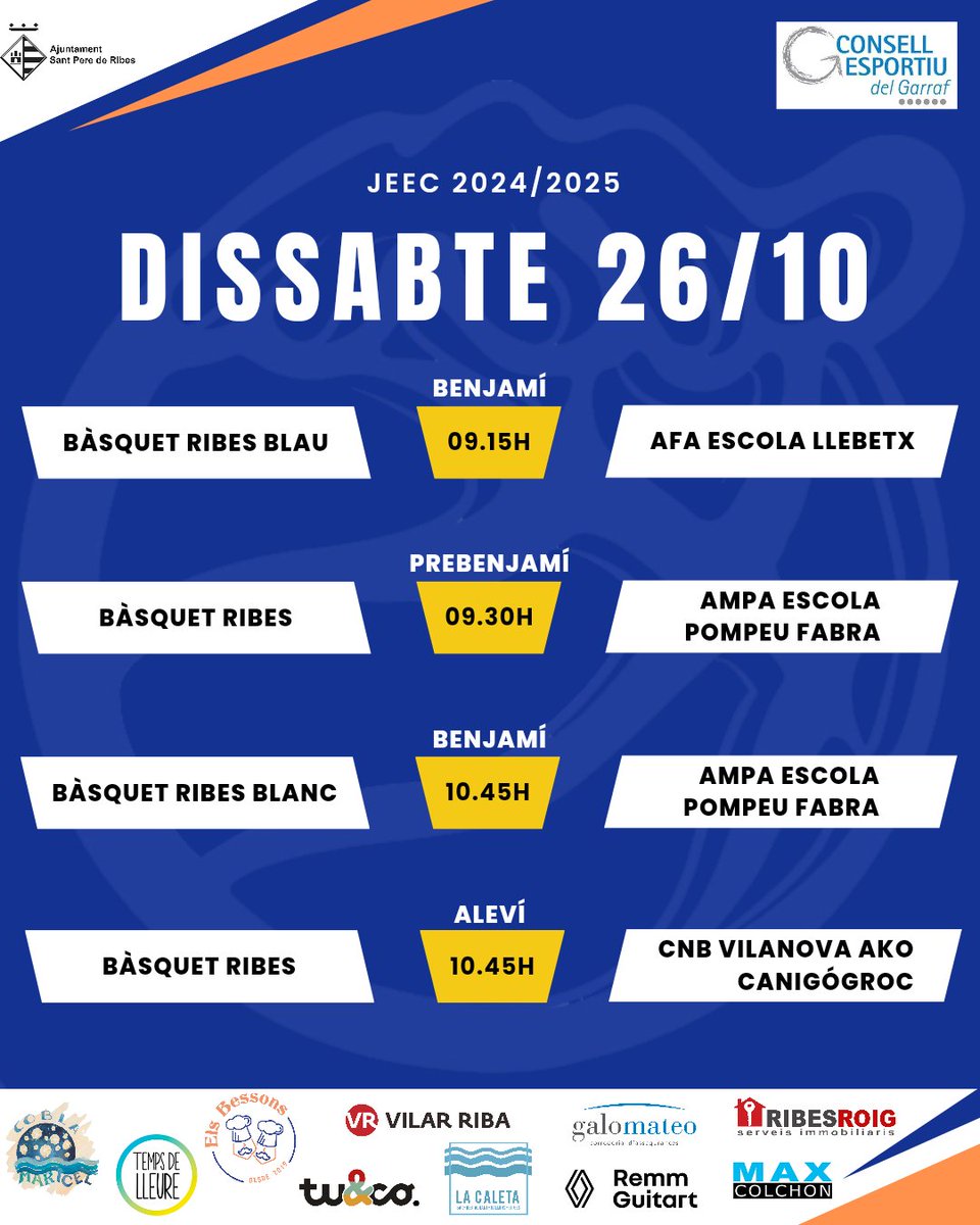 BasquetRibes's tweet photo. 📅 Agenda de partits d'aquest cap de setmana.
#basquetribes #adnribes #spribes #esportribeta
@santperederibes @REMMGUITART @tuandco_ @VilarRiba @Maxcolchon @Ribesroig @TempsdeLleure1 @UFECcat https://t.co/ENtFPaY1yN