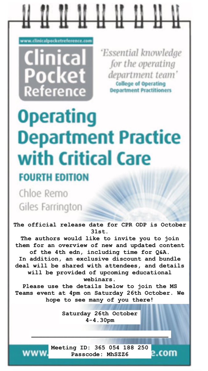 โ๐๐๐ ๐ โemo (@ceeepr) on Twitter photo Hope to see many of you tomorrow for the launch of our new Operating Department Practice with Critical Care resource!
Saturday 26th Oct, 4-4.30pm- MS Teams
Meeting ID: 365 054 188 250
Passcode: MhSZZ6
<a href="/gilesfarrington/">Giles Farrington</a> <a href="/ClinicalPocket/">Clinical Pocket Reference</a> Hope to see many of you tomorrow for the launch of our new Operating Department Practice with Critical Care resource!
Saturday 26th Oct, 4-4.30pm- MS Teams
Meeting ID: 365 054 188 250
Passcode: MhSZZ6
<a href="/gilesfarrington/">Giles Farrington</a> <a href="/ClinicalPocket/">Clinical Pocket Reference</a>
